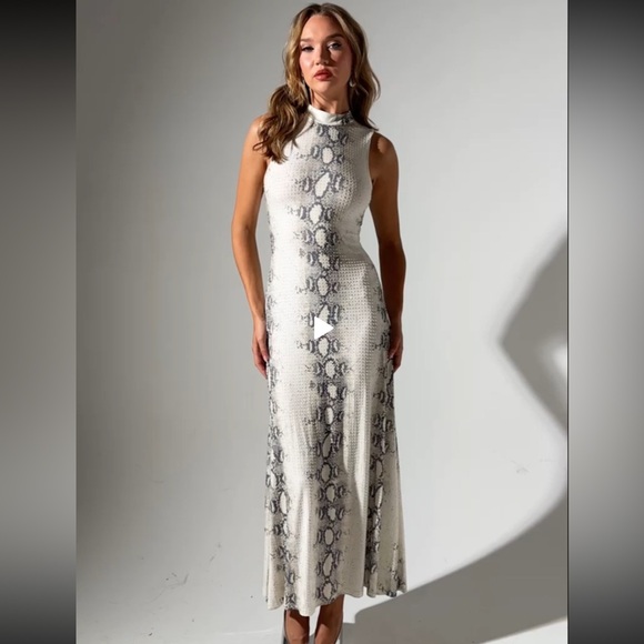 AKIRA Dresses & Skirts - AKIRA Cream Snakeskin Clear Beaded Rhinestone High Neck Maxi Dress